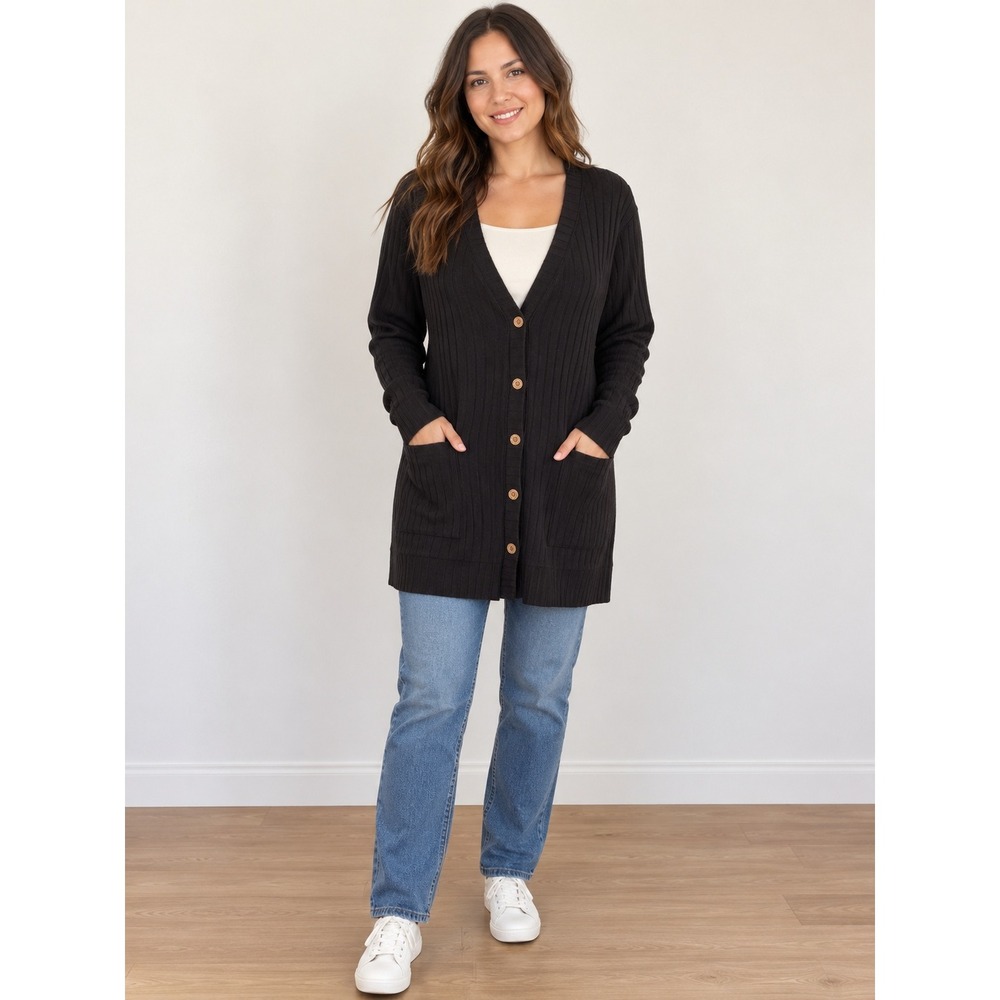 GRECERELLE Cardigan Women L Dark Academia Ribbed Knit Longline Button Black NWT